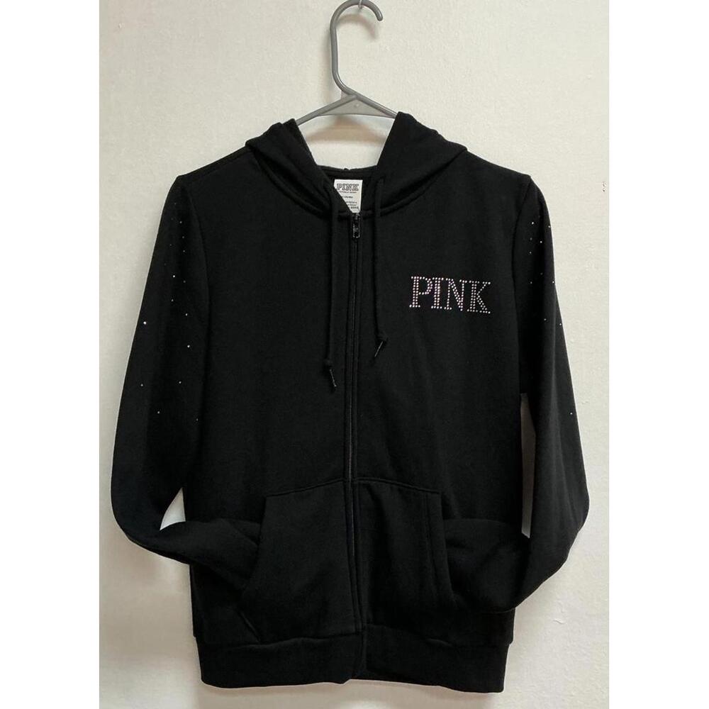 PINK Black Zip-Up Hoodie with Bling Logo Medium